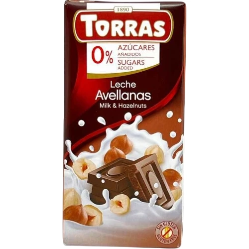 Шоколад молочний без цукру з фундуком Torras 75г.