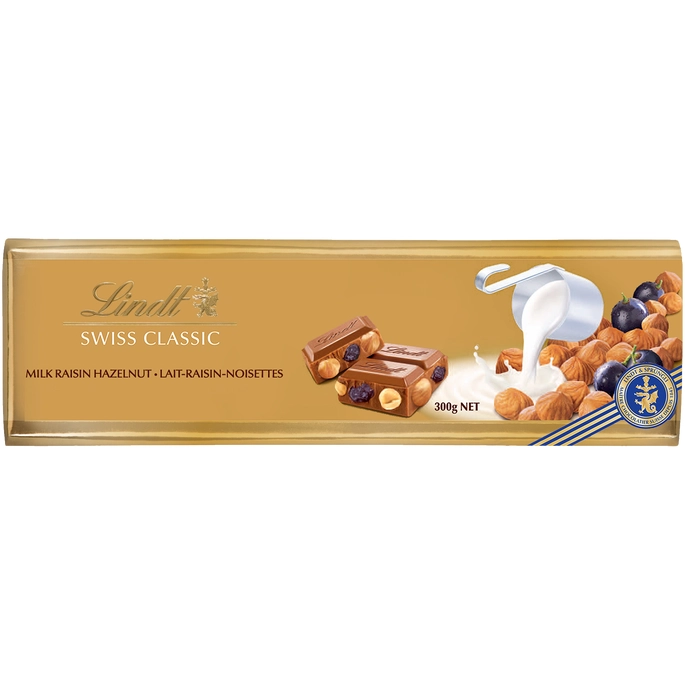Шоколад молочний лісовий горіх та ізюм LINDT 300г.
