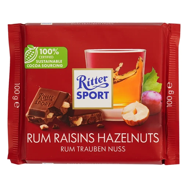 Шоколад Ritter Sport з ромом,родзинками та горіхами 100 г.
